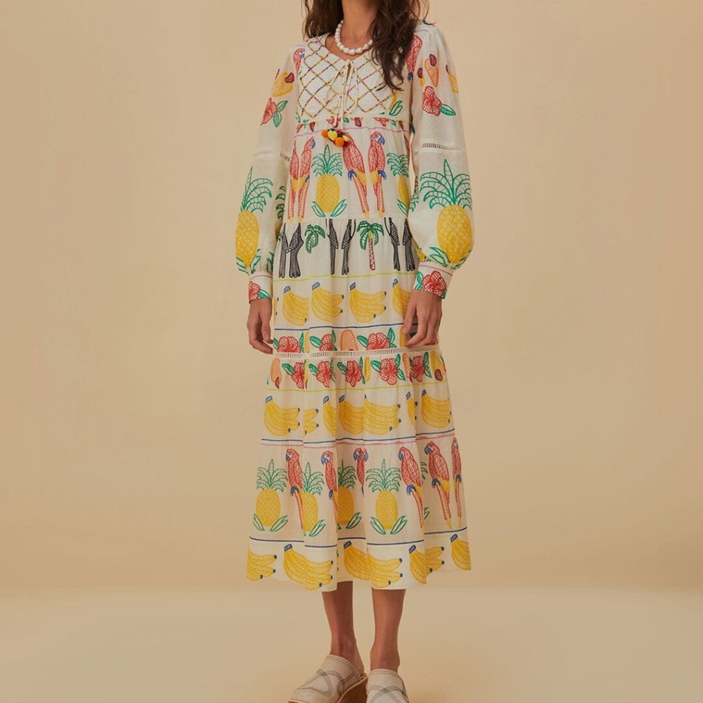 NEW Off-White Tropicolors Yoke Embroidered Midi Dress